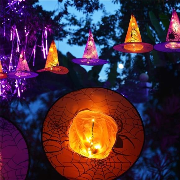 8 Pcs Lighted Hanging Witch Hats, 14ft 56 LEDs , Battery...